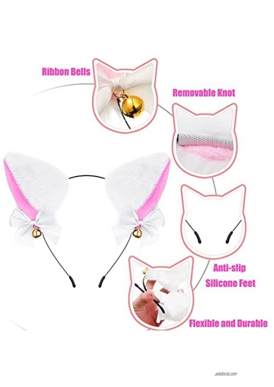 3 Pieces Cat Ear Headband Cosplay Make Up with Bells and 3 Pieces Lace Choker with Bell Girl Plush Furry Cat Ears Headwear Fancy Dress Cat Ear Hairband for Costume Party