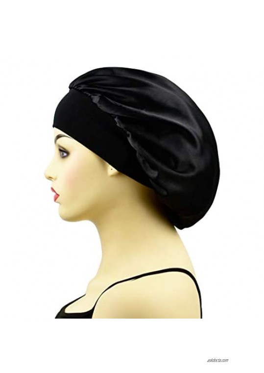 3 Pieces Satin Bonnet Sleep Caps for Women Elastic Wide Band Satin Sleeping Night Cap & Hat Head Cover for Natural Curly Hair Braids