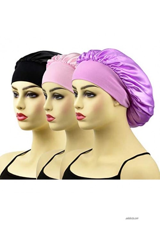 3 Pieces Satin Bonnet Sleep Caps for Women  Elastic Wide Band Satin Sleeping Night Cap & Hat Head Cover for Natural Curly Hair Braids