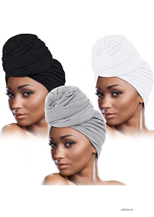 3 Pieces Women Stretch Head Wrap Scarf Stretchy Turban Long Hair Scarf Wrap Solid Color Soft Head Band Tie (Black  Gray  White)