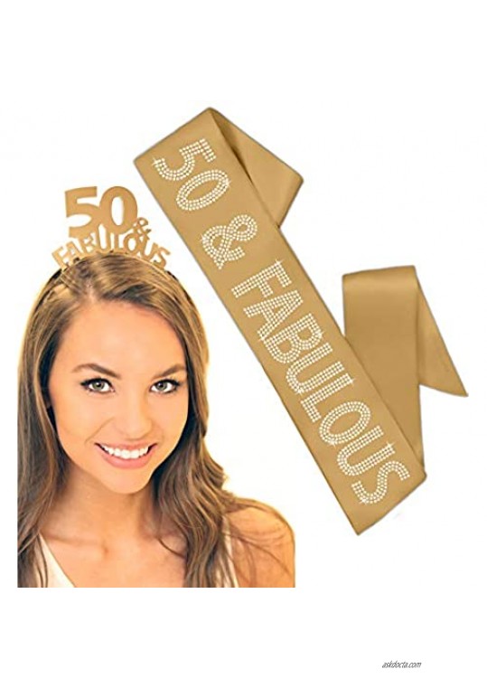 50 & Fabulous Gold Sash & Headband Tiara - 50th Birthday Gift Set Supplies Premium Quality Satin – Gold GSet(50&Fab Headband/Sash)GLD