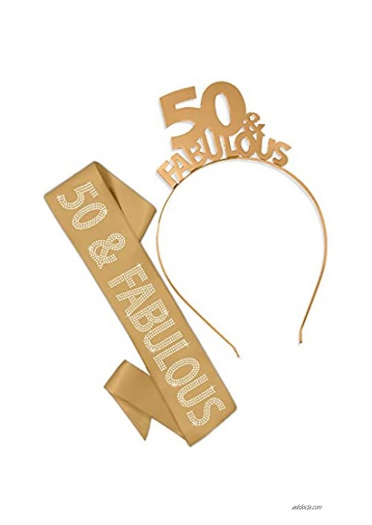 50 & Fabulous Gold Sash & Headband Tiara - 50th Birthday Gift Set Supplies Premium Quality Satin – Gold GSet(50&Fab Headband/Sash)GLD