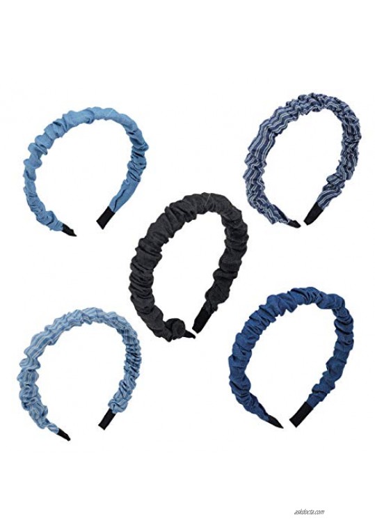 5pc Denim Headband Set Lightweight and Comfortable Cute Headbands For Girls and Women (Ruche)