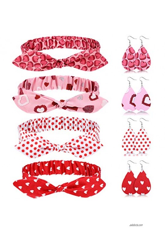 8 Pieces Valentine's Day Headbands and Valentines Faux Leather Drop Earrings Heart Shape Polka Dot Hair Scarf Scrunchies Headwrap Heart Print Dangle Earrings for Valentine Girls Women