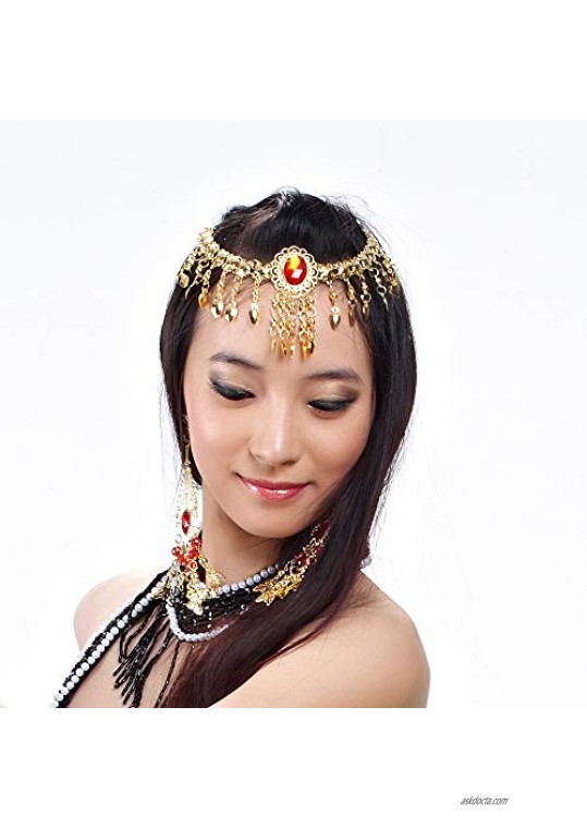 Big Red Crystal Rhinestone Head Chain Belly Dance Accessories Headpiece (Gold)