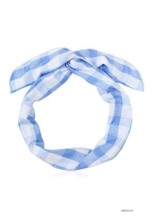 Bohemian Top Knot Fabric Headband - Twist Wire Tie Wrap Hairband (Twist Wire Headwrap - Plaid Blue)