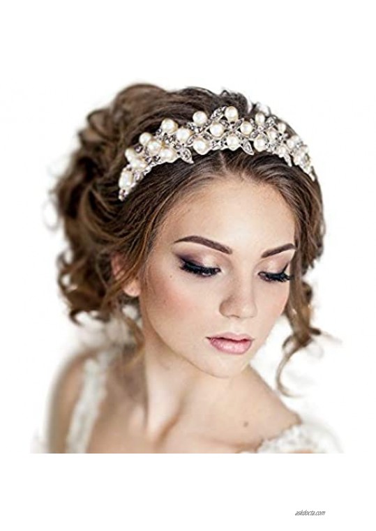 BriLove Women's Boho Style Wedding Bride Crystal Leaf Ivory Color Simulated Pearl Romantic Headband