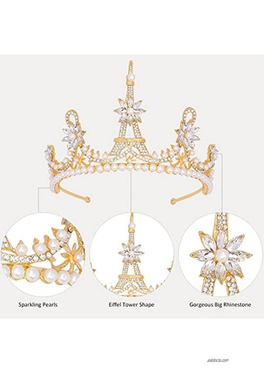 CURASA Baroque Queen Crown Crystal Princess Tiara Rhinestone Tiara for Bride Costume Birthday Wedding Pearl Hair Accessories (Gold)