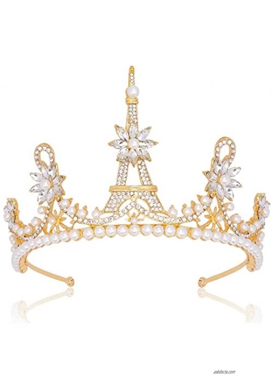 CURASA Baroque Queen Crown Crystal Princess Tiara Rhinestone Tiara for Bride Costume Birthday Wedding Pearl Hair Accessories (Gold)