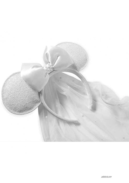 Disney Parks Exclusive - Minnie Mouse Ears Headband - Bride Veil with Satin Bow and Faux Pearls