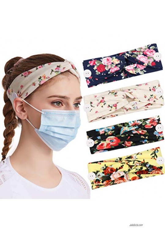 DRESHOW 4 Pack Bow Headband for Women Knotted Headband with Button for Wearing Mask