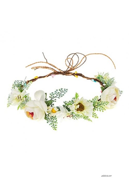 Funsveta Adjustable Boho Flower Headband Hair Wreath Floral Garland Crown Halo Headpiece with Ribbon Wedding Festival Party