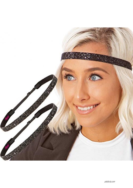 Hipsy Women's Adjustable NON SLIP Skinny Bling Glitter Headband Black Duo 2pk (Black)