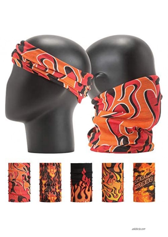 Leevo Pattern Bold Headwear Scarf Boho Headband Wrap Shield Neck Gaiter Bandana (Free Size (18.5” 9.25”) Red and Black Flame No.1 5pcs total)