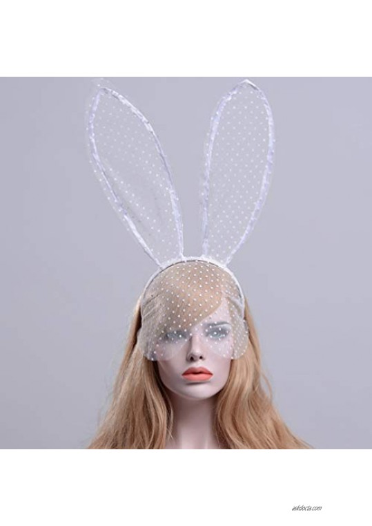 Lurrose 2Pcs Rabbit Ears Headbands Sexy Bunny Ears Lace Mask Veil Mask Hair Bands Costume Hair Accessory for Easter Halloween Christmas Cosplay Prom Party