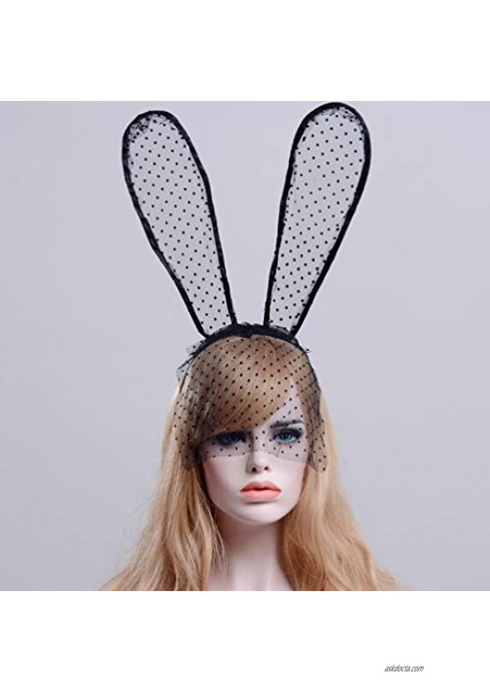 Lurrose 2Pcs Rabbit Ears Headbands Sexy Bunny Ears Lace Mask Veil Mask Hair Bands Costume Hair Accessory for Easter Halloween Christmas Cosplay Prom Party