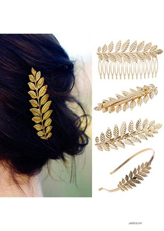 Lurrose 4Pcs Goddess Leaf Headband Hair Comb Hair Barrette Greek Roman Bridal Leaf Tiara Crown Gold Leaves Headpiece Headress Wedding Headwear for Girls Brides