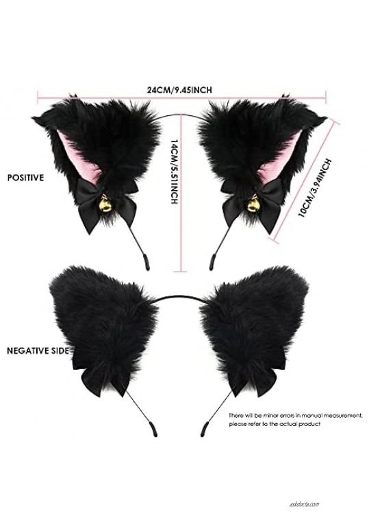NODG 2 Pieces Cat Ear Headband with Bells Cosplay Plush Headbands Furry Cat Fox Ears Headwear Cartoon Animal Ears Headands Neko Ears Headands with Ribbon for Cam Girls Costume Party