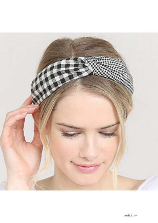 Statement Fashion Headband - Hair Accessories Bow Criss Cross Tie Turban Fabric Wrap Bohemian Top Knot Faux Pearl Rattan Straw Plaid Gingham (Knot Gingham - Black)
