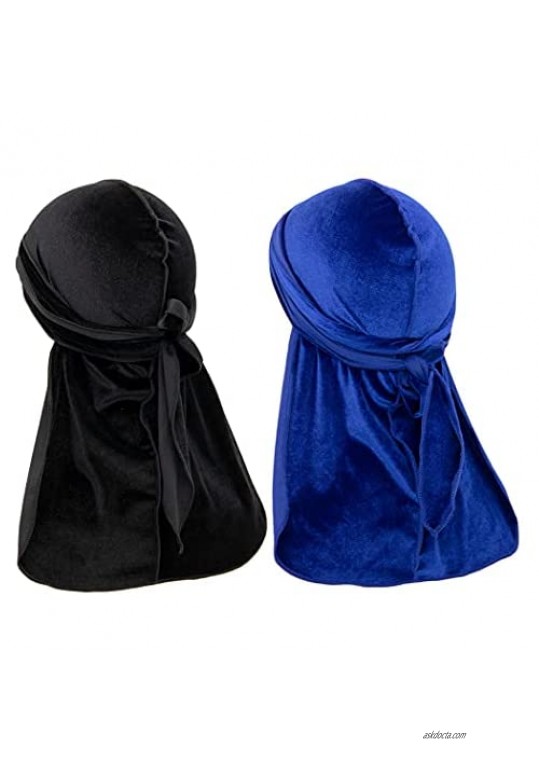Urieo Long Tail Durag RUrieo Velvet Du-rag Caps Black Long Tail Headwraps Durag Wide Straps Wave Caps 360 Wave Pirate Hat Hip Hop Sleep Cycling for Men and Women (Pack of 2)