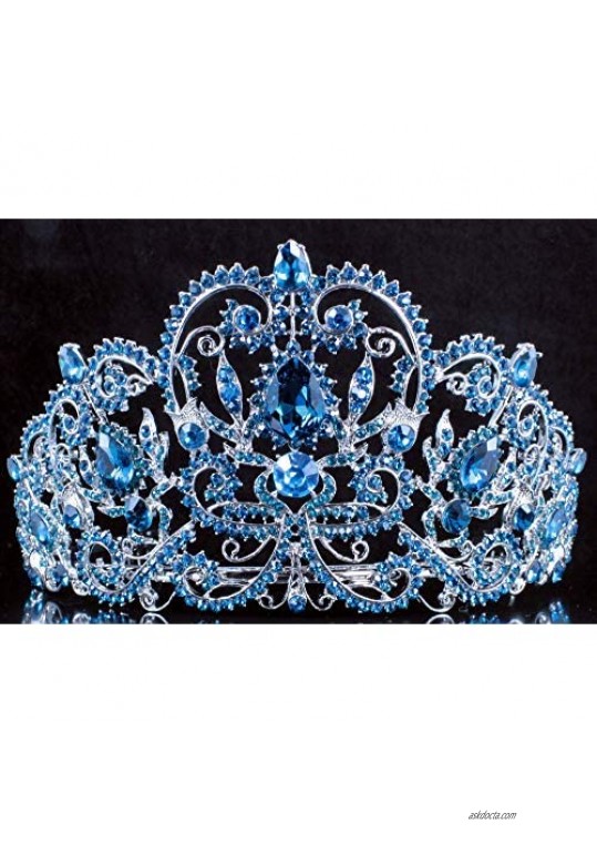 Victorian Clear White Austrian Rhinestone Crystal Tiara Crown With Hair Combs Princess Queen Headband Headpiece Jewelry Beauty Contest Birthday Bridal Prom Pageant Silver T1505 (Teal)