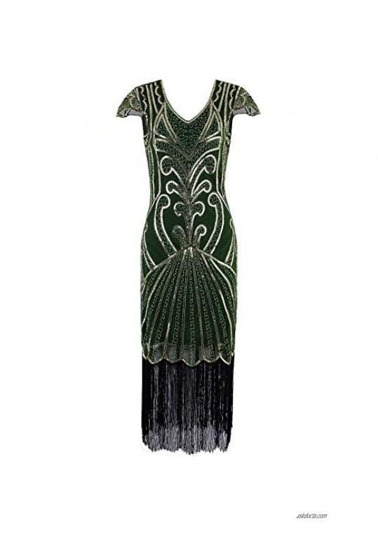 VIJIV Long 1920 Vintage Gatsby Beaded Embellished Fringe Cocktail Flapper Dress