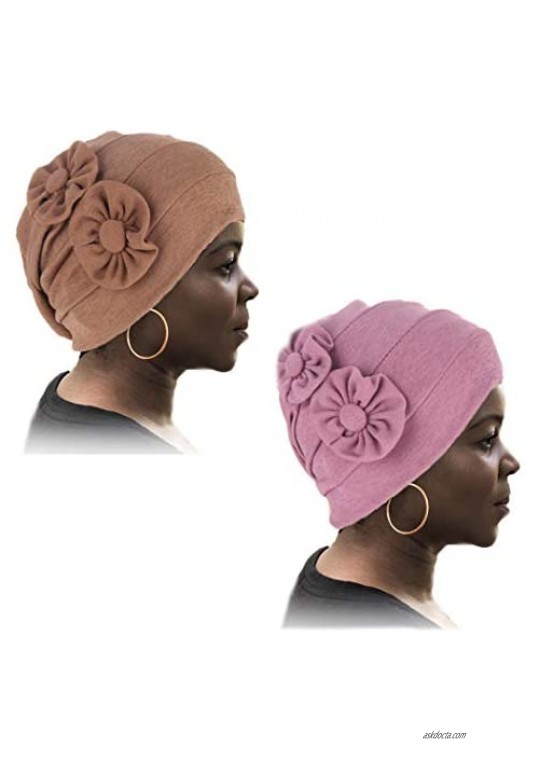 Woeoe Fabric Womens Head Wraps Khaki Stretch Cap Headwear Flower African Head Scarf Soft Elastic Head Cover for Women and Girls(2 Packs)