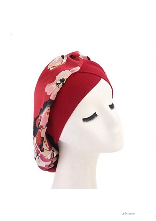 Women Satin Lined Sleep Bonnet Hair Cap Sleeping Slouchy Hat Slap Headwear for Curly Frizzy Hair (Wine red)