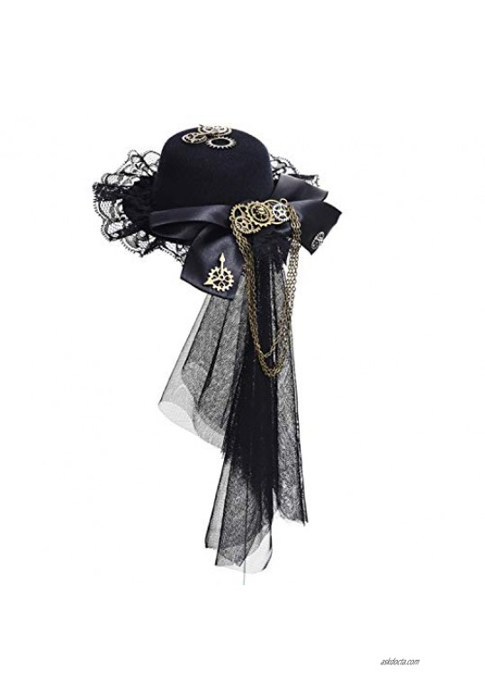 Womens Girls Vintage Lace Veil Tassels Steampunk Hair Clip Gears Bow-tie Mini Top Hat Gothic Lolita Fedoras Headwear