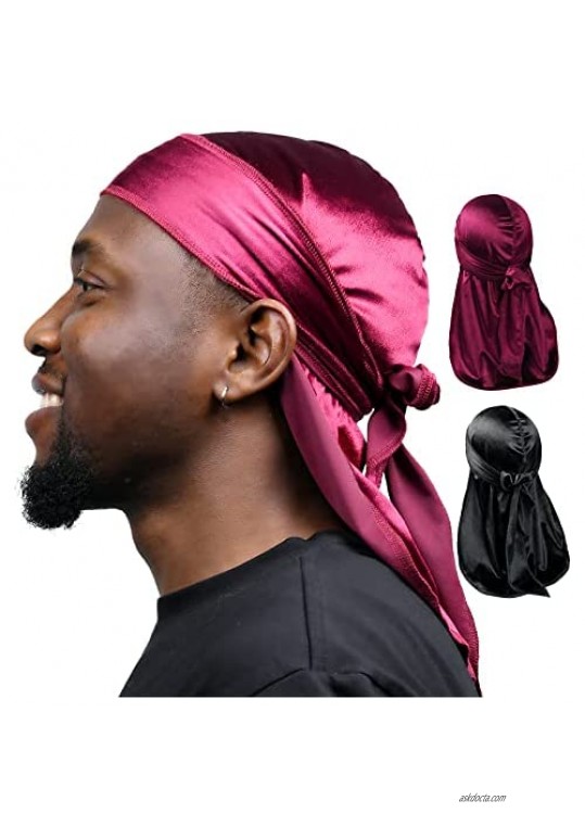 YANIBEST Velvet Durag for Men 2 Pack Soft Velvet Fabric Extra Long Tail and Wide Straps Headwraps for Women Men 360 Waves