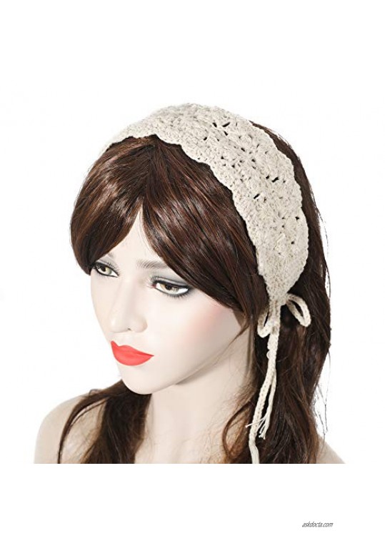 ZLYC Women Floral Headband Handmade Crochet Knit Vintage Hair Bands (Plain Ivory White)