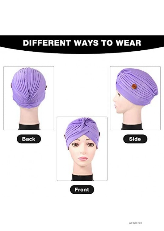 12 Pieces Turban Caps with Button Women Pre-Tied Knot Pleated Headwrap Beanie Soft Sleep Hat India's Hat for Women Girls