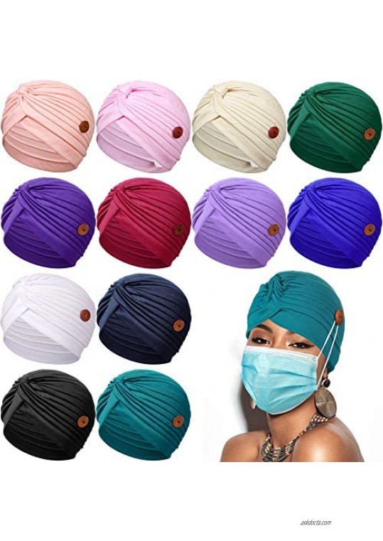 12 Pieces Turban Caps with Button Women Pre-Tied Knot Pleated Headwrap Beanie Soft Sleep Hat India's Hat for Women Girls