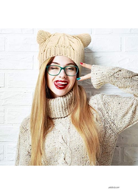 2 Pieces Cat Ear Beanie Hats Cute Cat Knitted Hat Winter Knit Cable Hat for Women Girls Black and Beige