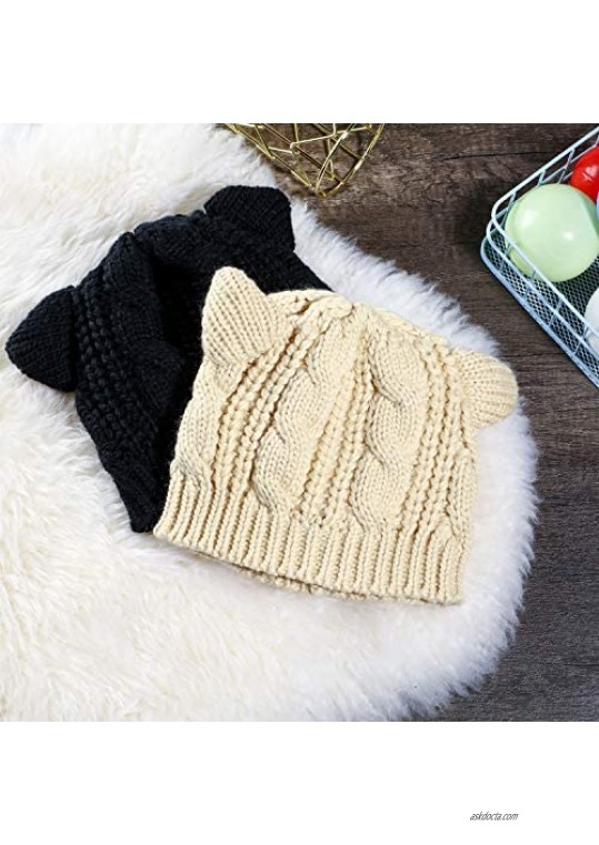 2 Pieces Cat Ear Beanie Hats Cute Cat Knitted Hat Winter Knit Cable Hat for Women Girls Black and Beige