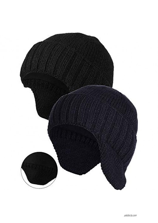2 Pieces Winter Men's Knit Earflap Hat Beanie Hat Stocking Caps Warm Ear Flap Hat with Fleece Lined Knit Brimmed Ski Cap