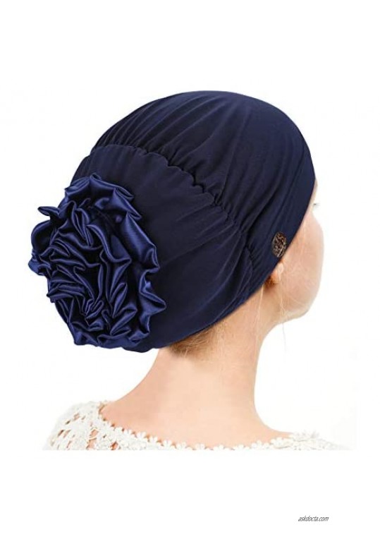 3 Pieces Women Bouffant Caps with Buttons Big Flower Elastic Beanie Hat Turban Flower Head Wraps Soft Flower Turban Caps for Protecting Ear 3 Colors