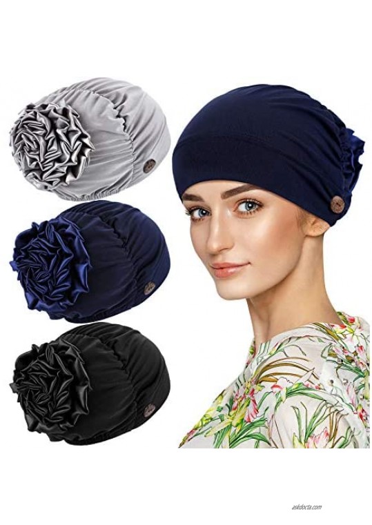3 Pieces Women Bouffant Caps with Buttons Big Flower Elastic Beanie Hat Turban Flower Head Wraps Soft Flower Turban Caps for Protecting Ear  3 Colors