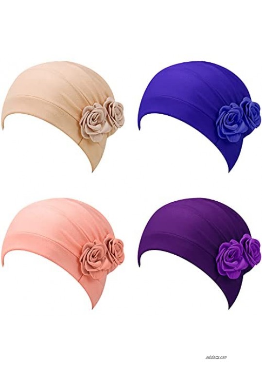 4 Pieces Flower Turbans Head Wrap Beanie Hair Loss Hat Chemo Hat for Women Girls