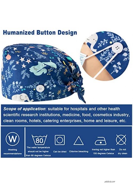 4 Pieces Scrub Cap with Button Printed Adjustable Bouffant Cap Unisex Scrub Hat Hair Cover
