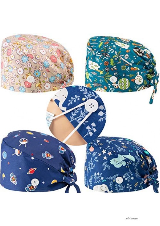 4 Pieces Scrub Cap with Button Printed Adjustable Bouffant Cap Unisex Scrub Hat Hair Cover
