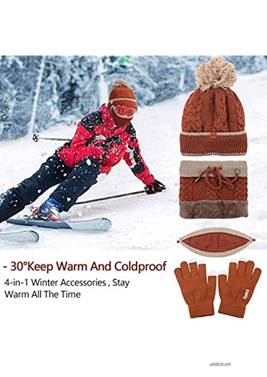 4PCS Women Winter Thickened Knitted Beanie Cap Hat Scarf Face Cover Gloves Set with Gift Box for Birthday Christmas New Year Valentine Gift (Brown)