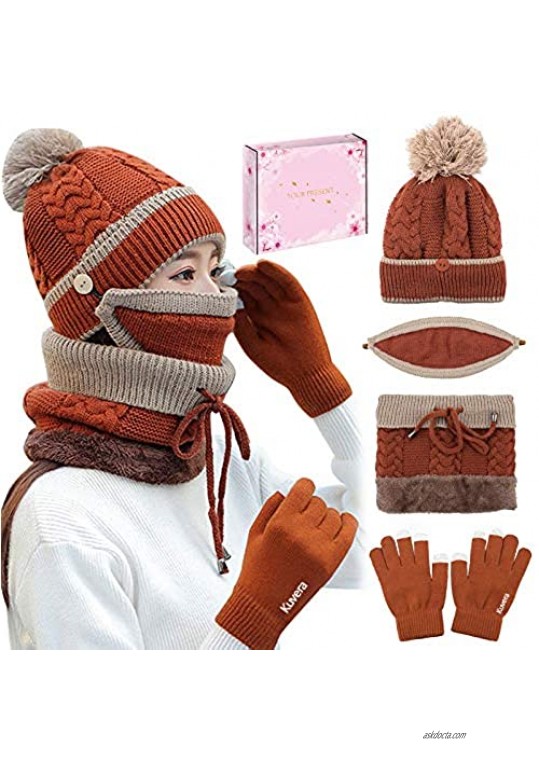 4PCS Women Winter Thickened Knitted Beanie Cap Hat Scarf Face Cover Gloves Set with Gift Box for Birthday Christmas New Year Valentine Gift (Brown)