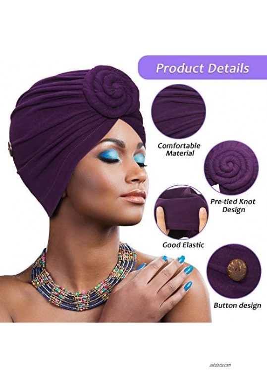 9 Pieces Turbans Cap with Button Women Pre-Tied Knot Headwrap Turban African Knot Headwrap Soft Sleep Hat for Women and Girls