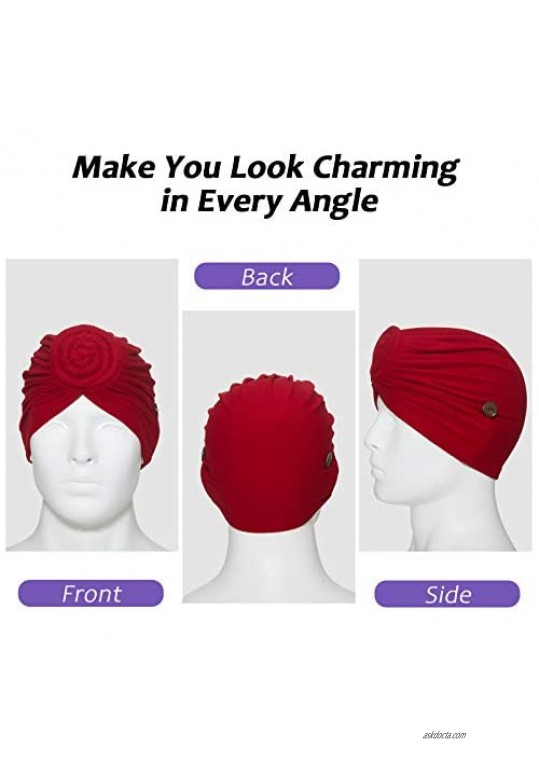 9 Pieces Turbans Cap with Button Women Pre-Tied Knot Headwrap Turban African Knot Headwrap Soft Sleep Hat for Women and Girls