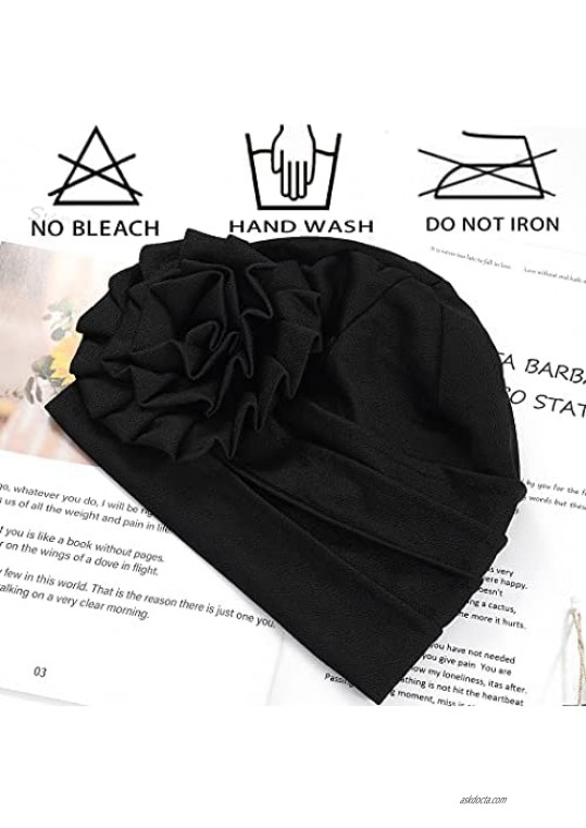 Bohend Women Turban Flower Headband Elastic Cap Pre-Tied Scarf Bonnet Beanie Headwrap Hats Black