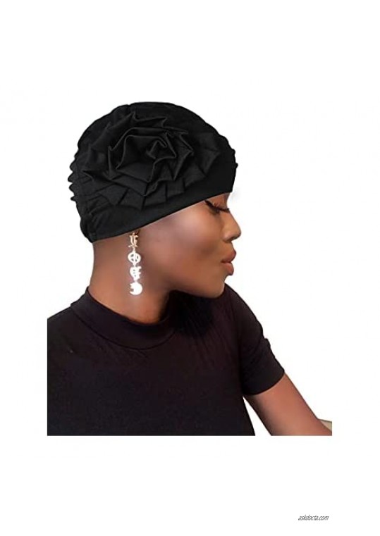 Bohend Women Turban Flower Headband Elastic Cap Pre-Tied Scarf Bonnet Beanie Headwrap Hats Black