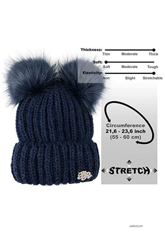Braxton Beanie Women - 2 Pom Ears Cable Knit Winter Warm Fleece Hat - Wool Snow Outdoor Ski Cap