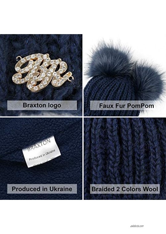 Braxton Beanie Women - 2 Pom Ears Cable Knit Winter Warm Fleece Hat - Wool Snow Outdoor Ski Cap