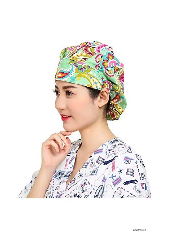 Cascacy 2 Pack Women's Adjustable Cotton Bouffant Cap Working Hats with Sweatband Multi Color (Set 03)